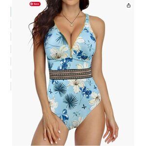 Floral Print One-Piece Swimsuit With Gold Trim & Mesh Detail Blue & White Small